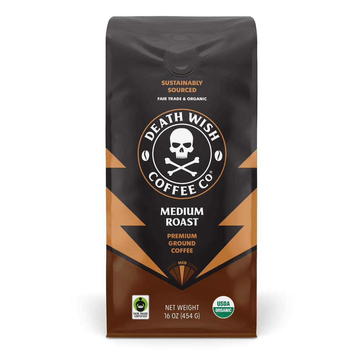Death Wish Coffee medium roast ground 16oz delivers bold morning flavor.