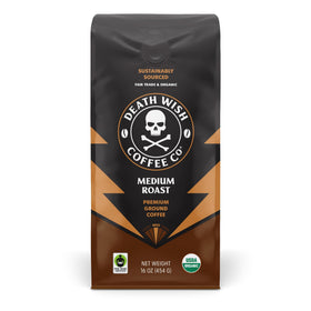 Death Wish Coffee medium roast ground 16oz delivers bold morning flavor.