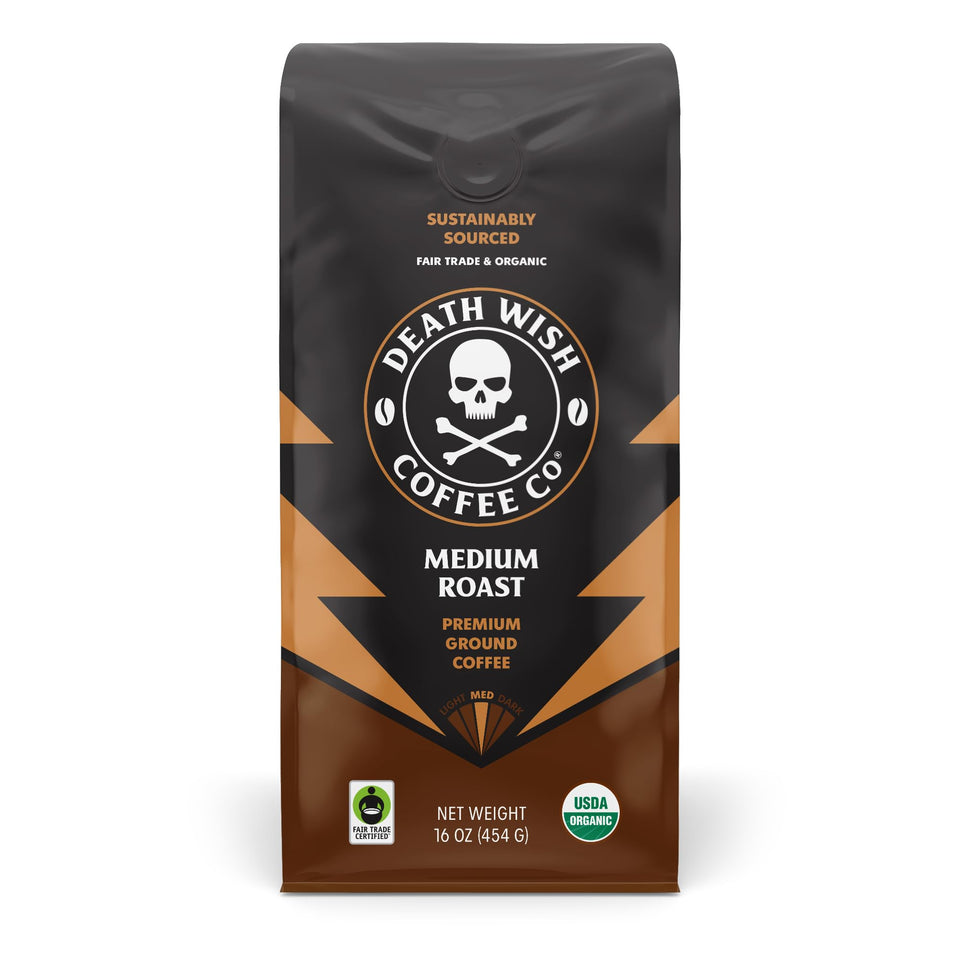 Death Wish Coffee medium roast ground 16oz delivers bold morning flavor.