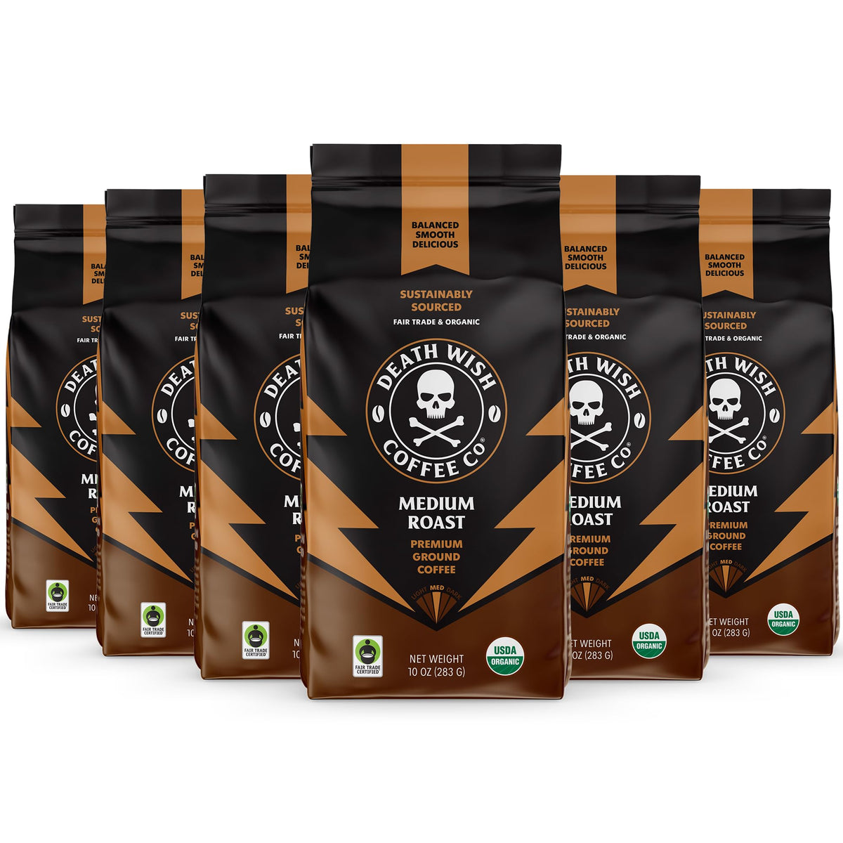 Death Wish Coffee medium roast ground pack front showing bold flavor potential