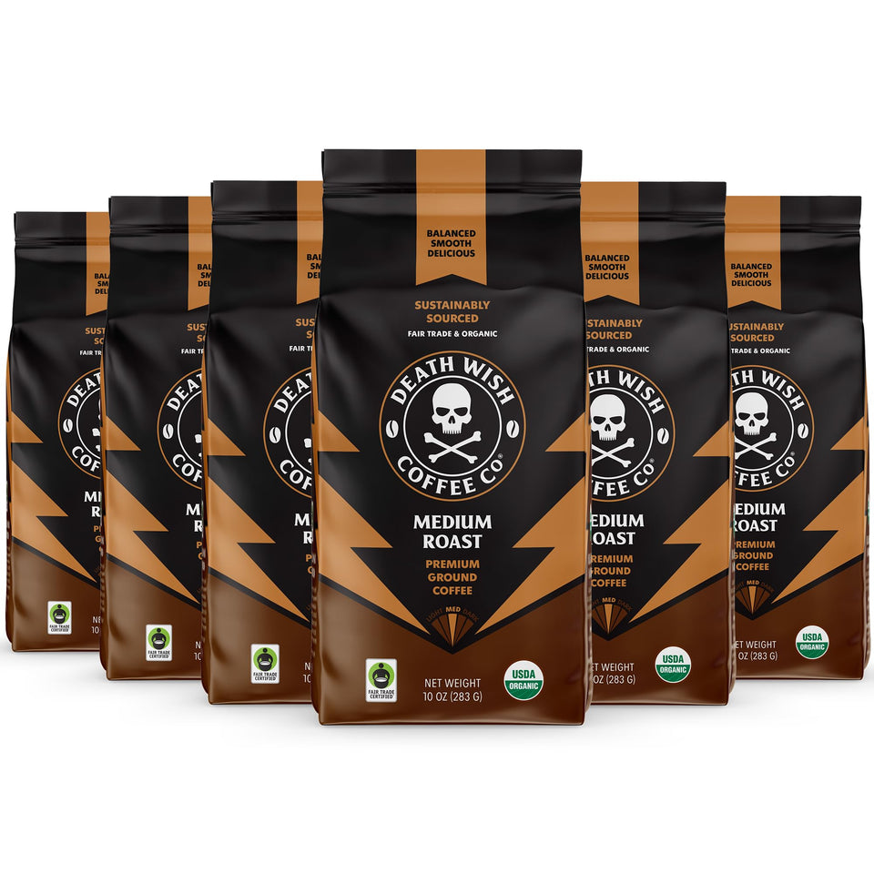 Death Wish Coffee medium roast ground pack front showing bold flavor potential