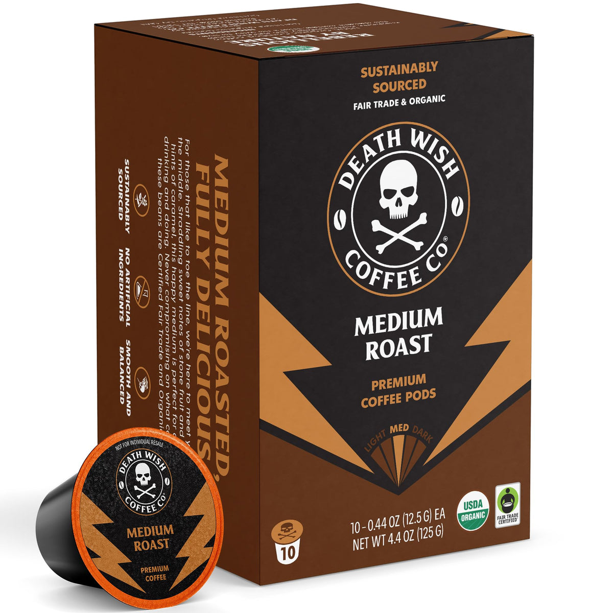 Death Wish Coffee medium roast pod close-up highlighting bold flavor.