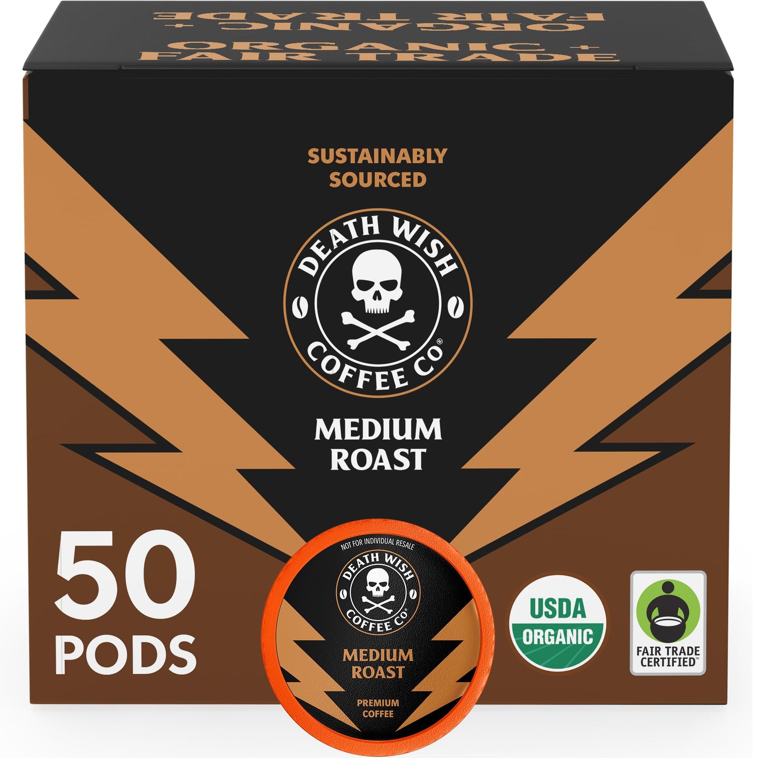 Death Wish Coffee medium roast pods box front showcases bold flavor