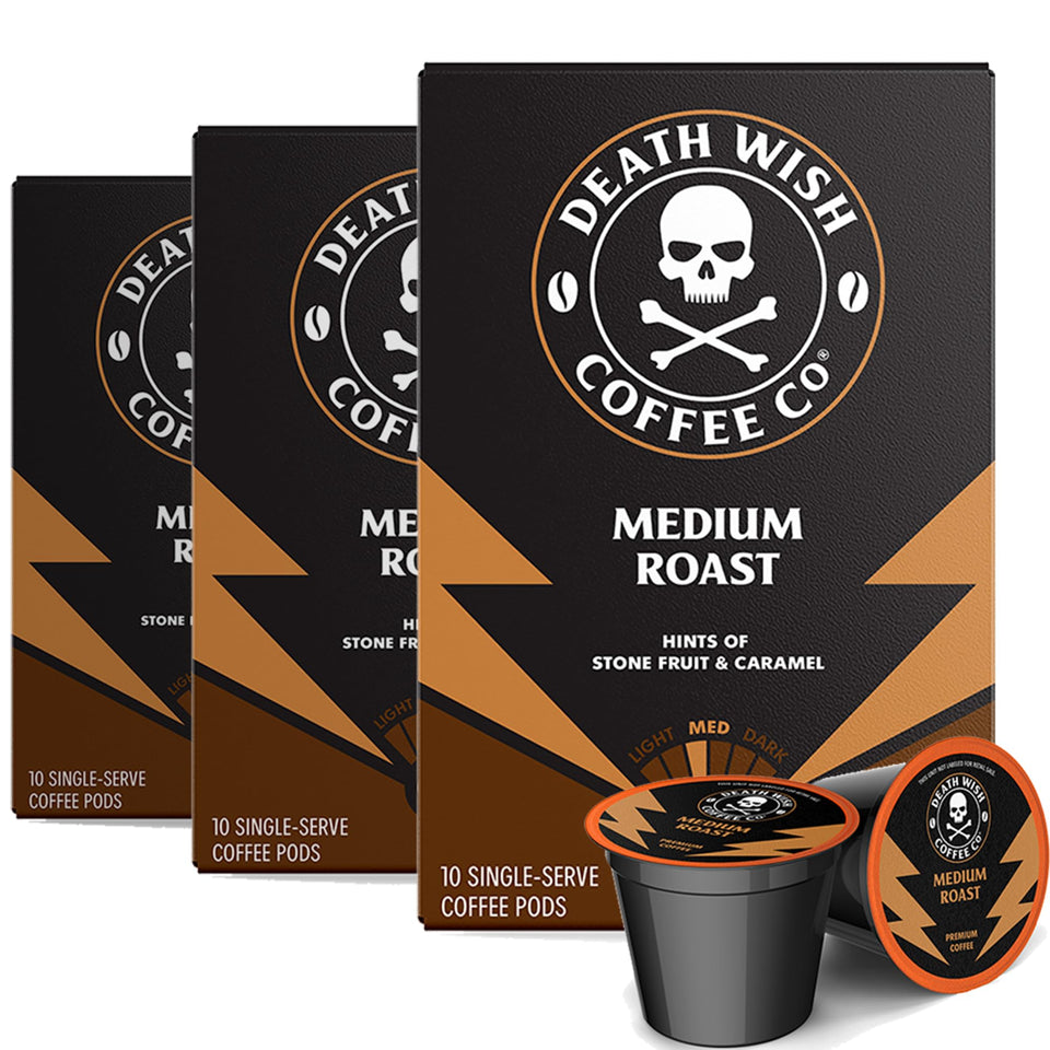 Death Wish Coffee medium roast pods package front, bold flavor ready for energetic mornings