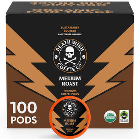 Death Wish Coffee medium roast pods packaging highlights bold flavor potential.