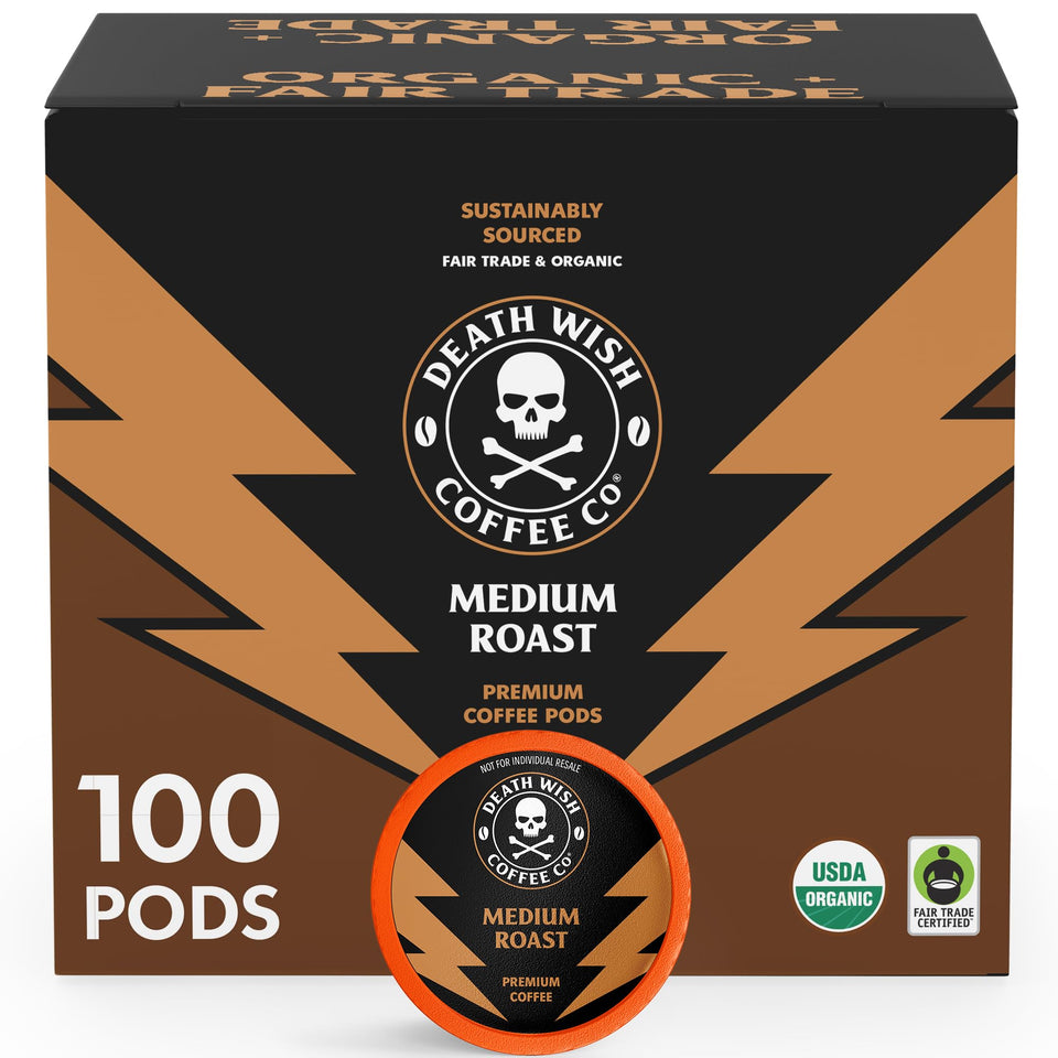 Death Wish Coffee medium roast pods packaging highlights bold flavor potential.