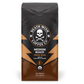 Death Wish Coffee medium roast whole beans on display, bold morning energy