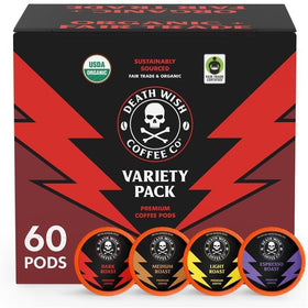 Death Wish Coffee mixed-roast pod pack close-up showing bold, convenient single-serve option.