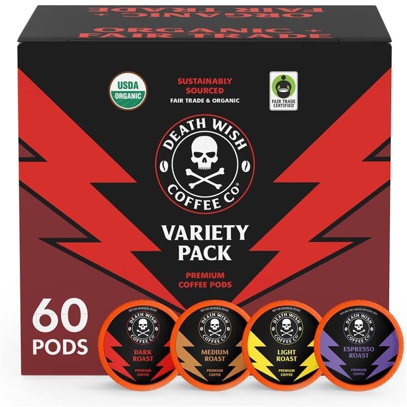 Death Wish Coffee mixed-roast pod pack close-up showing bold, convenient single-serve option.