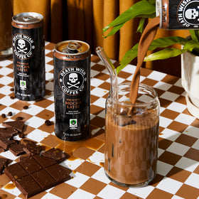 Death Wish Coffee mocha latte close-up emphasizing silky texture and creamy finish.