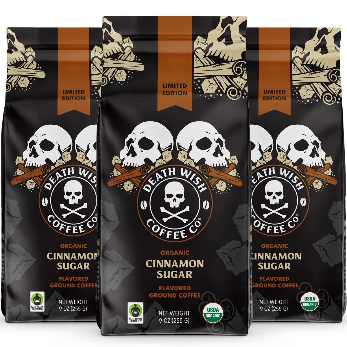 Death Wish Coffee Organic Cinnamon Sugar bag shows bold flavor with organic, fair trade sourcing