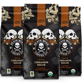 Death Wish Coffee Organic Cinnamon Sugar bag shows bold flavor with organic, fair trade sourcing
