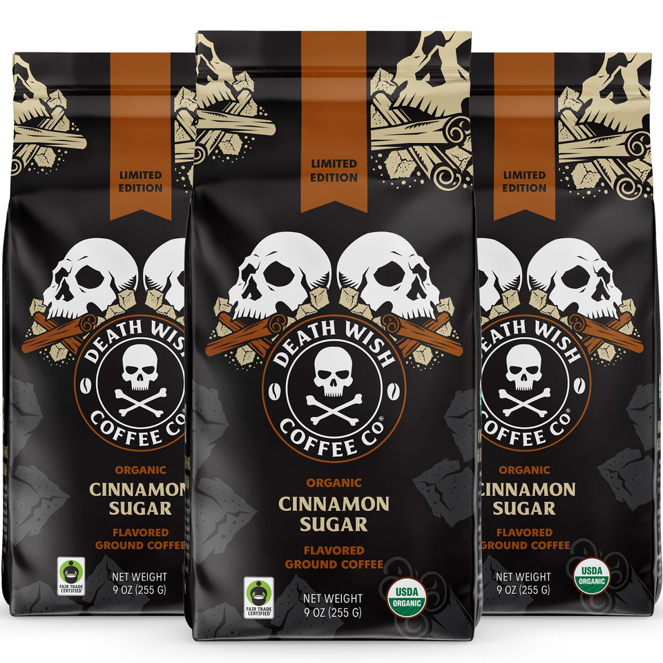 Death Wish Coffee Organic Cinnamon Sugar bag shows bold flavor with organic, fair trade sourcing