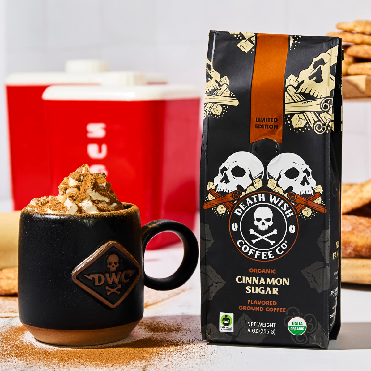 Death Wish Coffee Organic Cinnamon Sugar brew-ready jar highlights convenient mornings