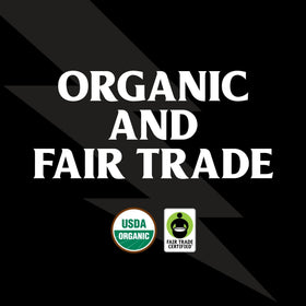 Death Wish Coffee packaging displays USDA Organic and Fair Trade stamps.