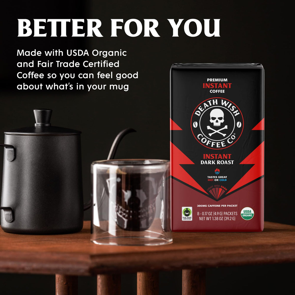 Death Wish Coffee packaging recyclable materials highlight, sustainable choice for eco-conscious brewers.