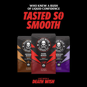 Death Wish Coffee ready-to-use pods in a kitchen setting.