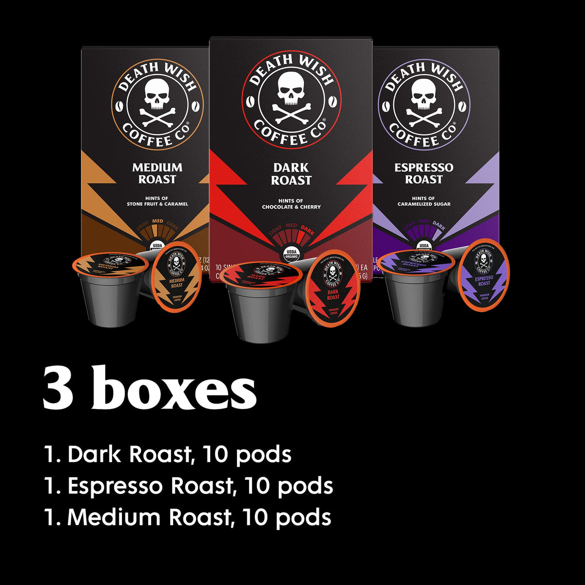 Three-roasts display with espresso, medium and dark options for rotation.