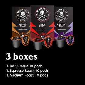 Three-roasts display with espresso, medium and dark options for rotation.
