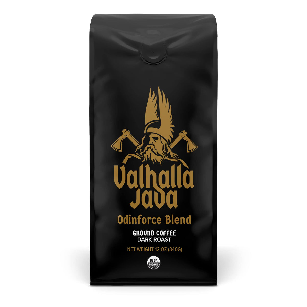 Death Wish Coffee Valhalla Java ground coffee pack highlighting bold flavor for mornings.