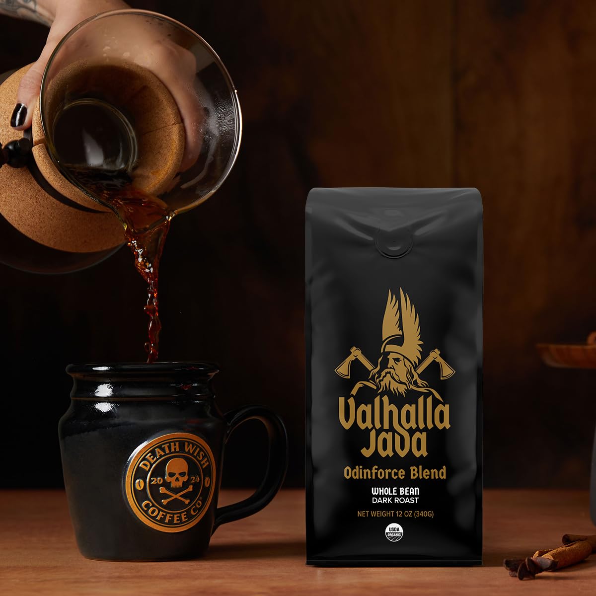 Death Wish Coffee Valhalla Java Odinforce aroma close-up with cocoa-molasses notes
