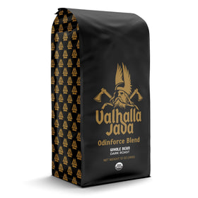 Death Wish Coffee Valhalla Java Odinforce bean close-up with flavor notes