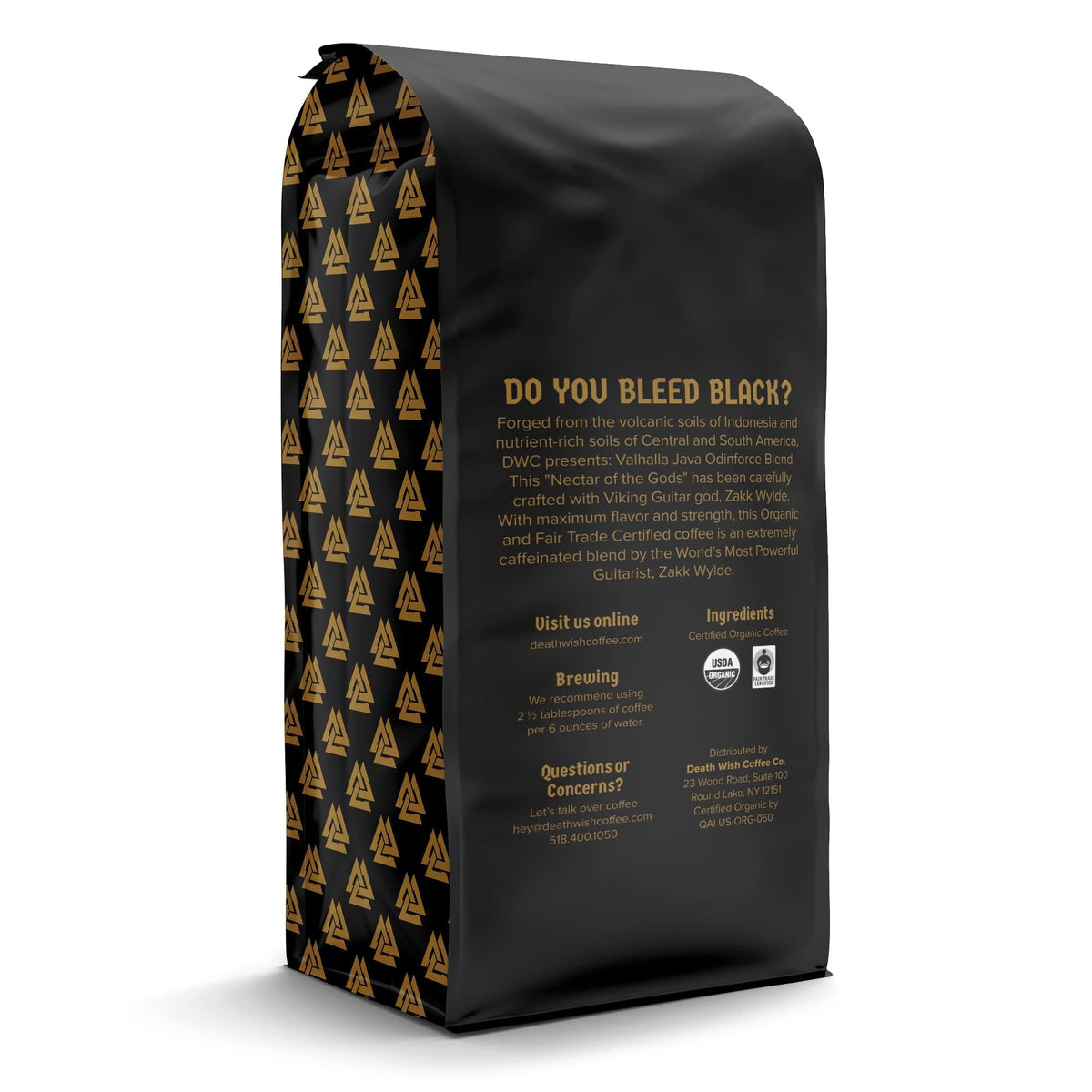 Death Wish Coffee Valhalla Java Odinforce beans close-up highlighting rich aroma for dark roasts.