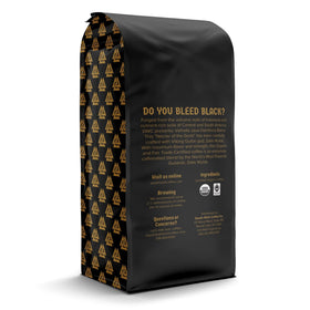 Death Wish Coffee Valhalla Java Odinforce beans close-up highlighting rich aroma for dark roasts.