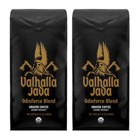 Death Wish Coffee Valhalla Java Odinforce two bags ready for bold morning brew.