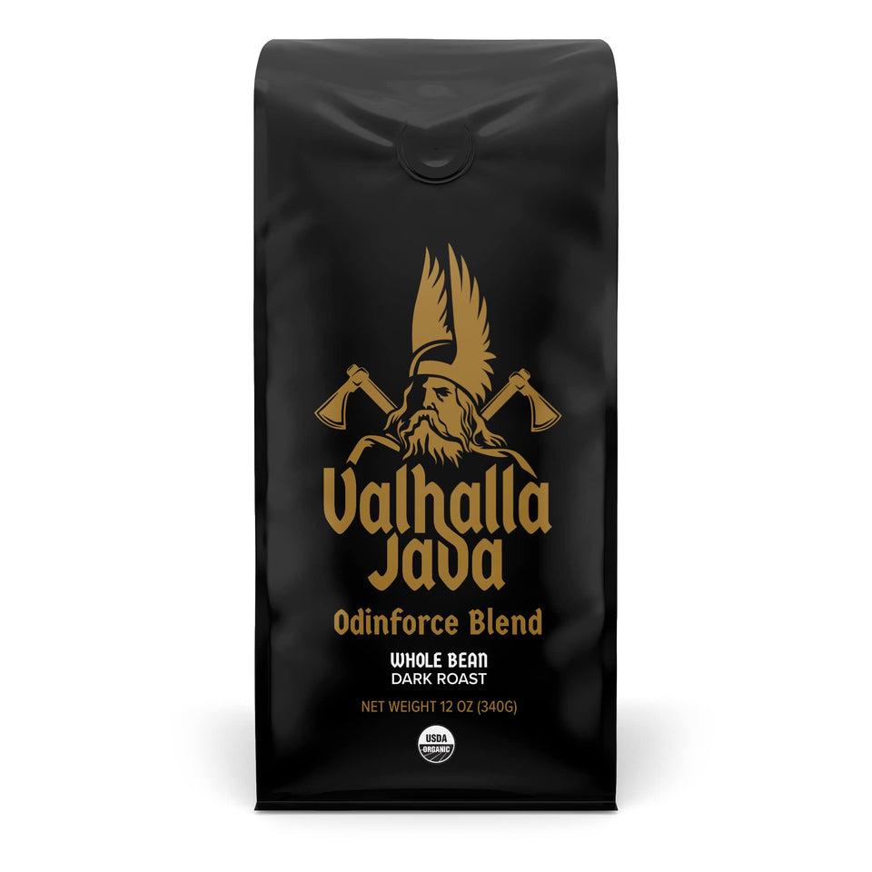 Death Wish Coffee Valhalla Java Odinforce whole bean packaging highlighting bold quality