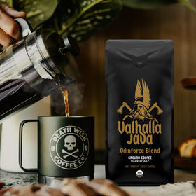 Death Wish Coffee Valhalla Java organic fair-trade label emphasizes ethical sourcing and strength.