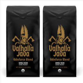 Death Wish Valhalla Odinforce blend whole beans in packaging, bold morning boost