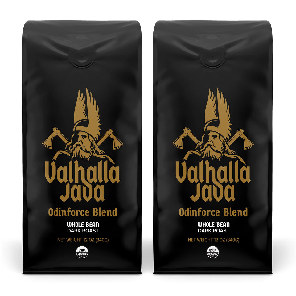 Death Wish Valhalla Odinforce blend whole beans in packaging, bold morning boost