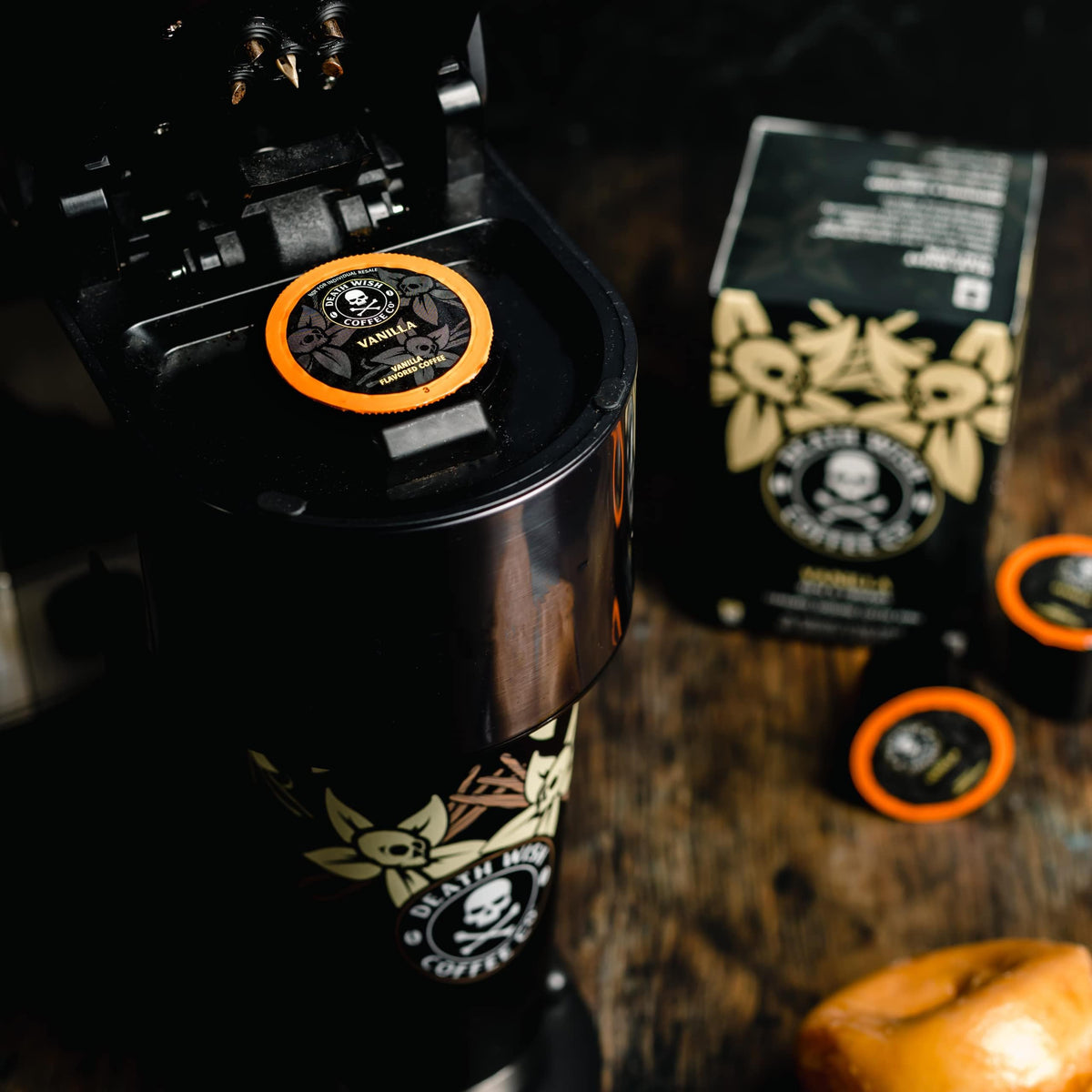 Death Wish Coffee Vanilla cup steaming, delivering a smooth, bold aroma.