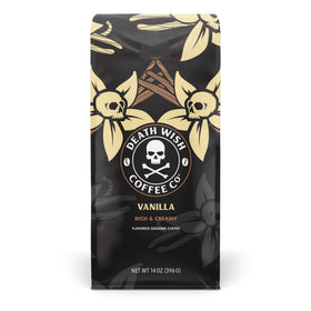 Death Wish Coffee Vanilla Ground Coffee bag with 14 oz packaging for bold mornings.