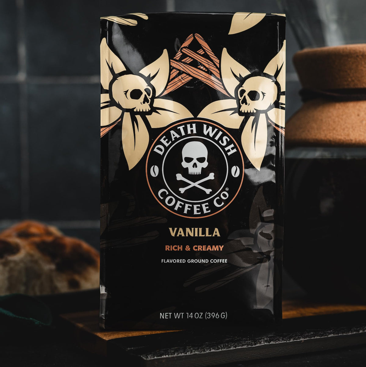 Death Wish Coffee Vanilla Ground coffee close-up of beans highlighting flavor.