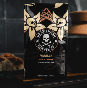Death Wish Coffee Vanilla Ground coffee close-up of beans highlighting flavor.