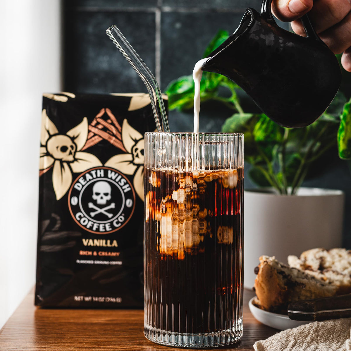 Death Wish Coffee Vanilla Ground Coffee cup steaming to start a productive day.