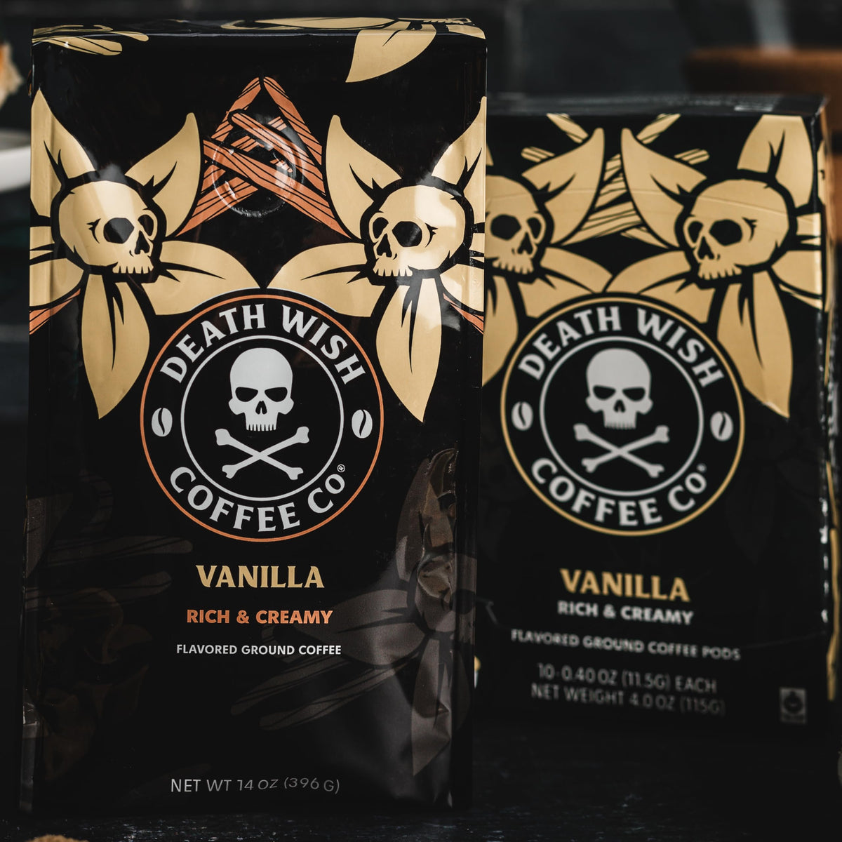 Death Wish Coffee Vanilla Ground Coffee hot brew with steam.