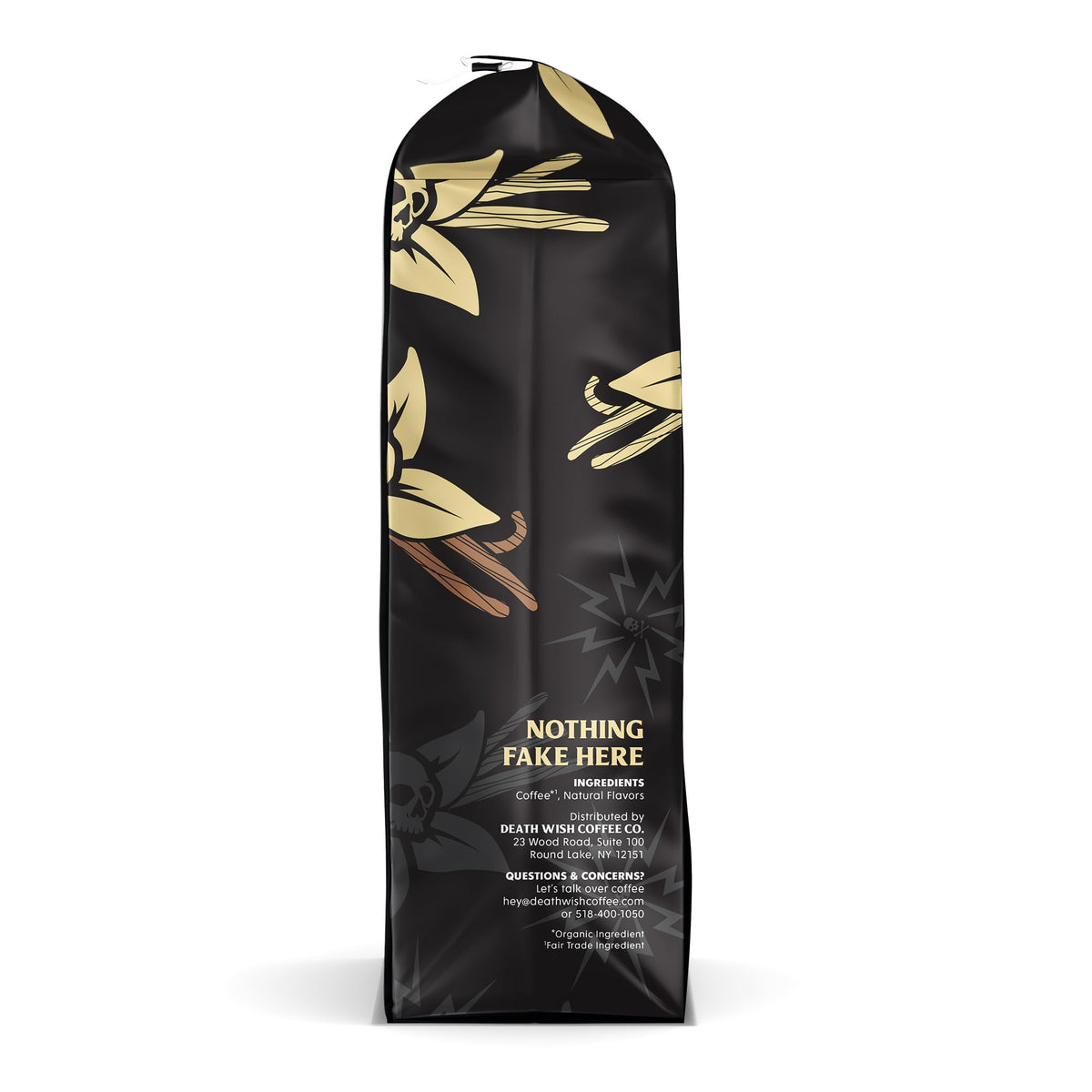 Death Wish Coffee Vanilla Ground Coffee mug with cream evokes indulgence.