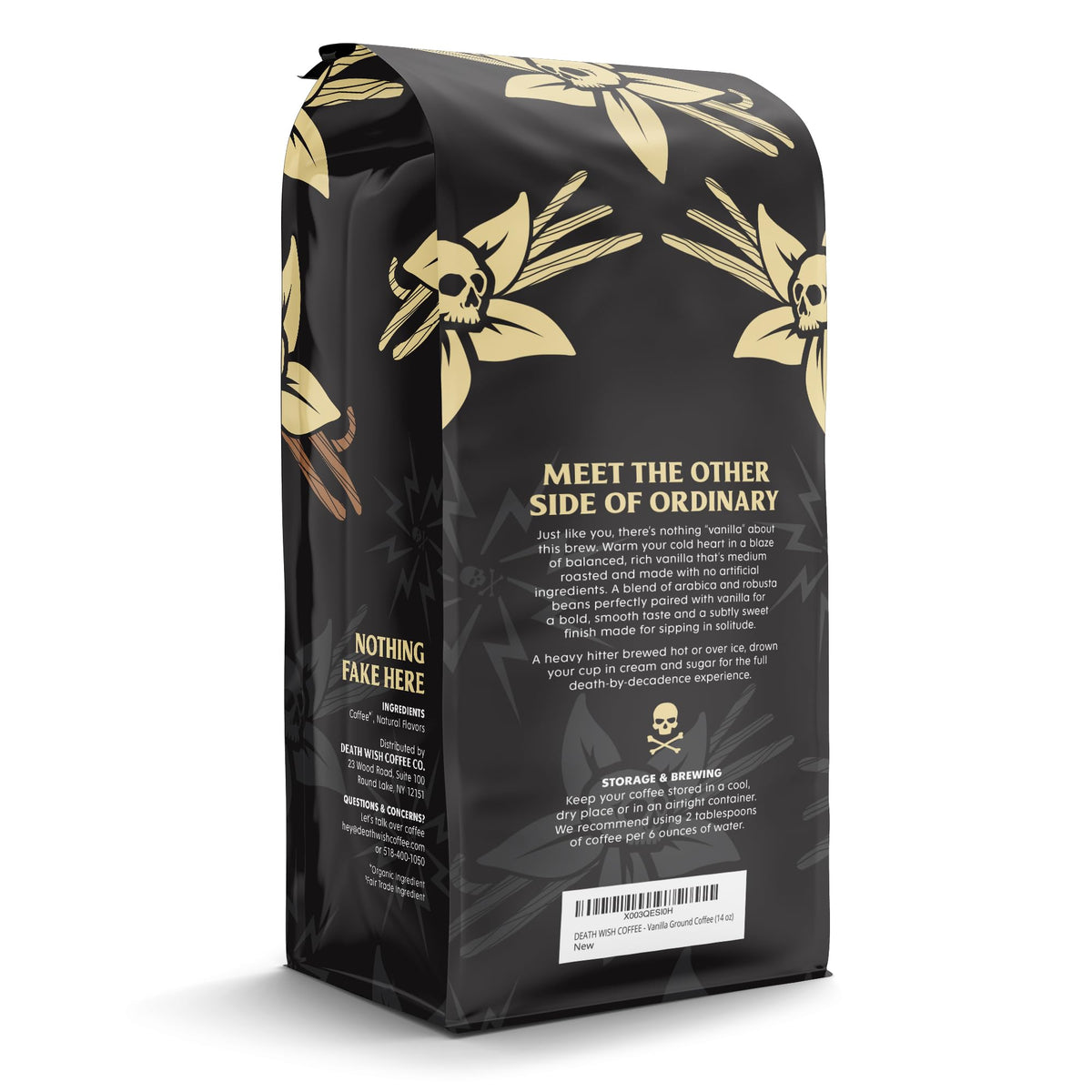 Death Wish Coffee Vanilla Ground Coffee package label close-up authenticity.