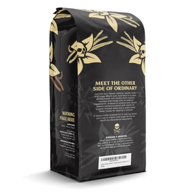 Death Wish Coffee Vanilla Ground Coffee package label close-up authenticity.