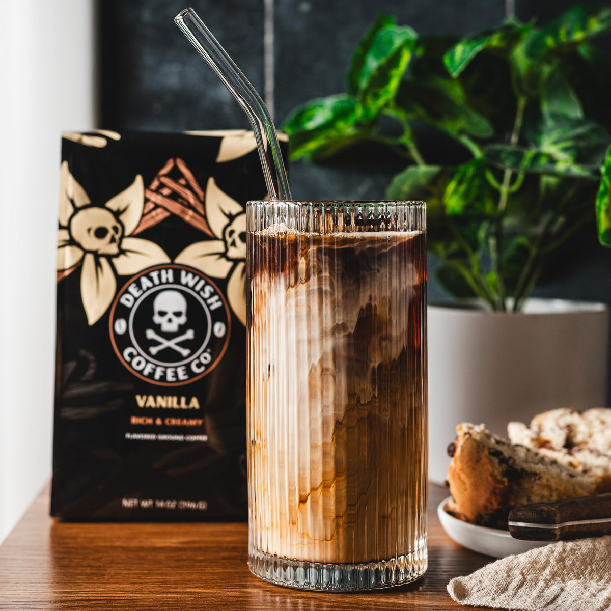 Death Wish Coffee Vanilla Ground Coffee being poured into mug for bold flavor.