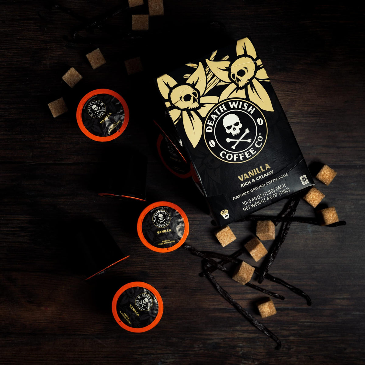 Death Wish Vanilla packaging shows USDA Organic and Fair Trade seals, highlighting responsible sourcing.
