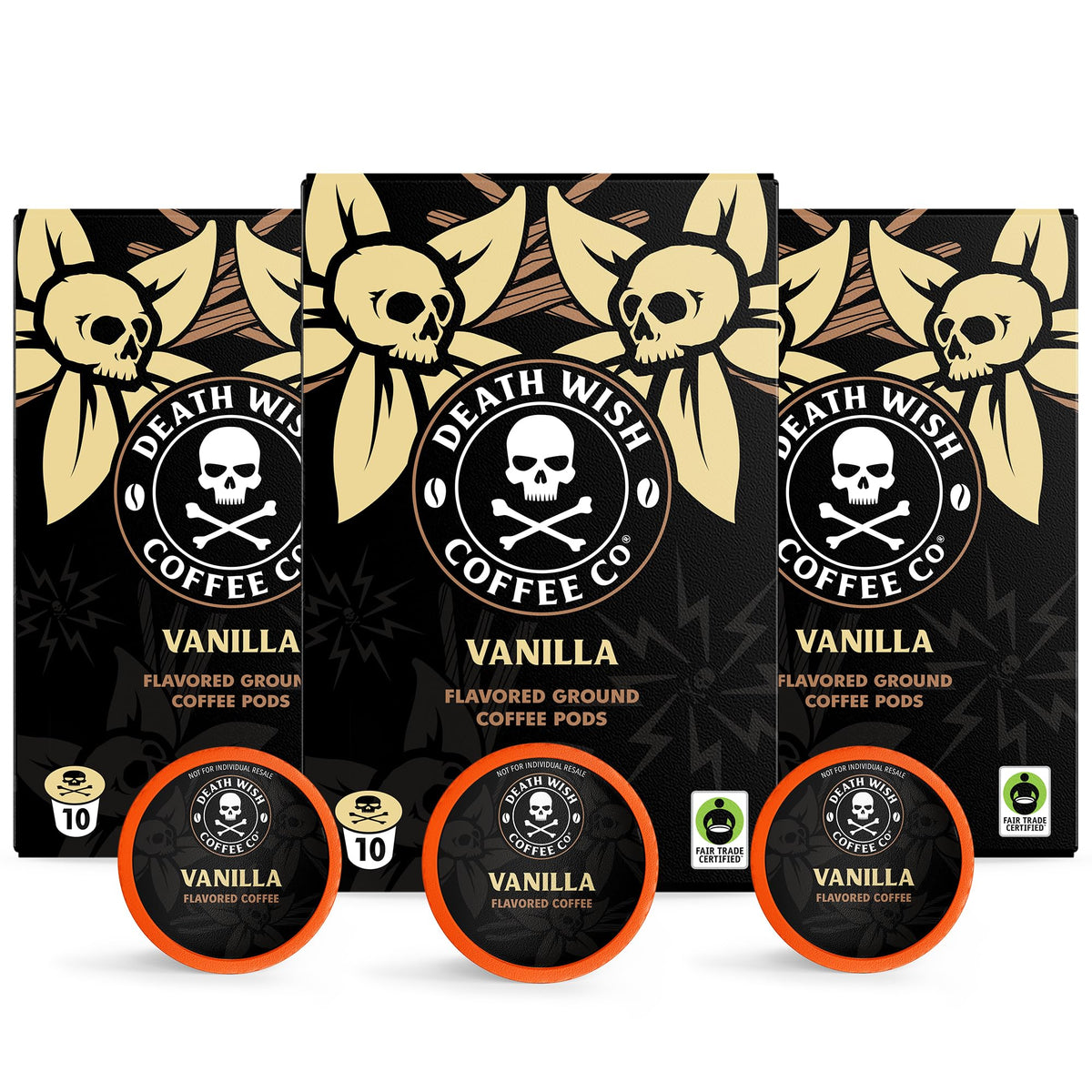 Death Wish Vanilla pod box showcases bold, fair-trade flavor ready for everyday mornings.