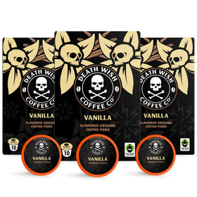 Death Wish Vanilla pod box showcases bold, fair-trade flavor ready for everyday mornings.
