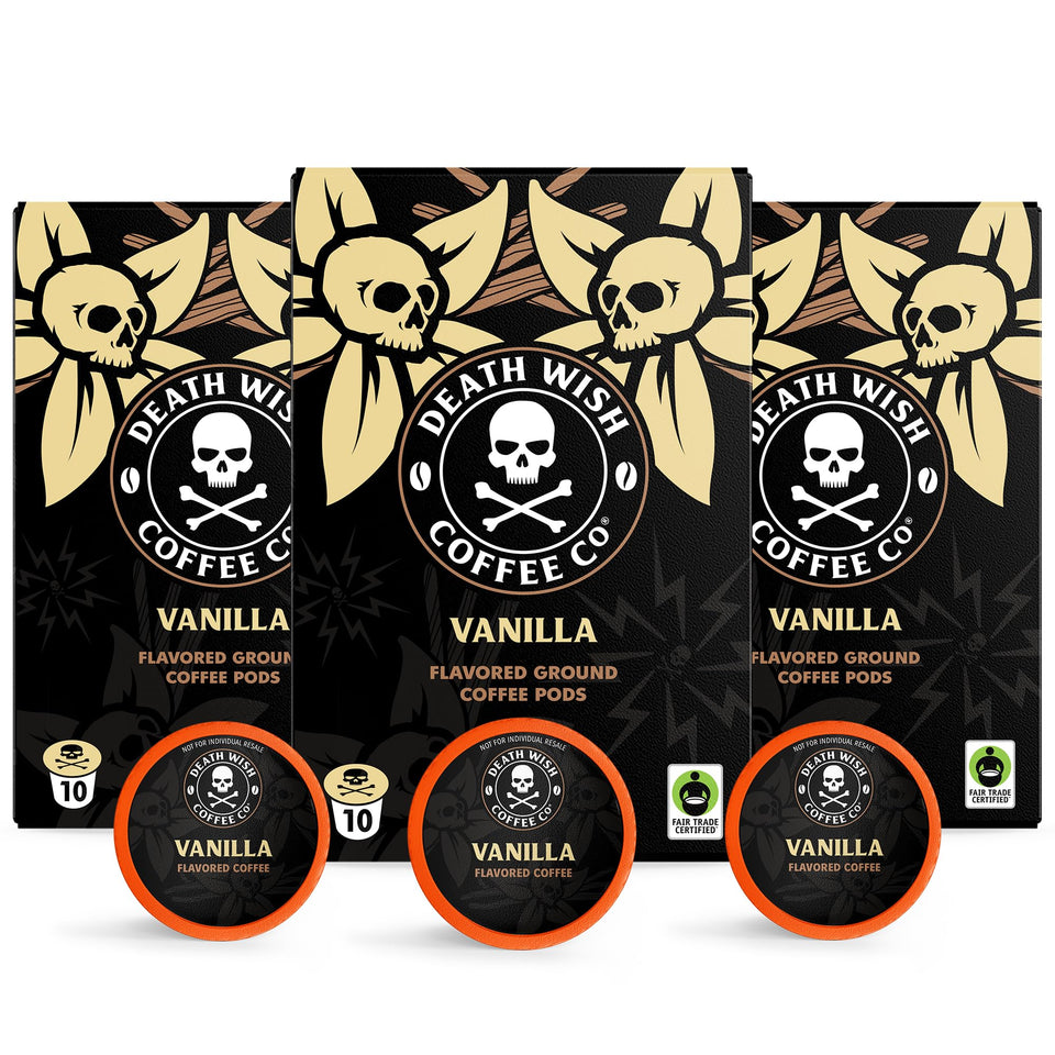 Death Wish Vanilla pod box showcases bold, fair-trade flavor ready for everyday mornings.