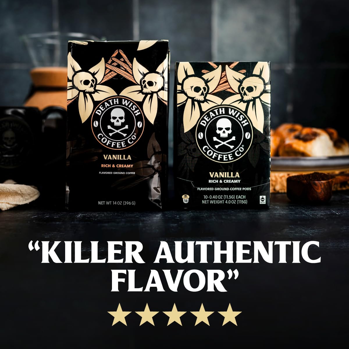 Death Wish Vanilla pod close-up highlighting premium beans and aroma.