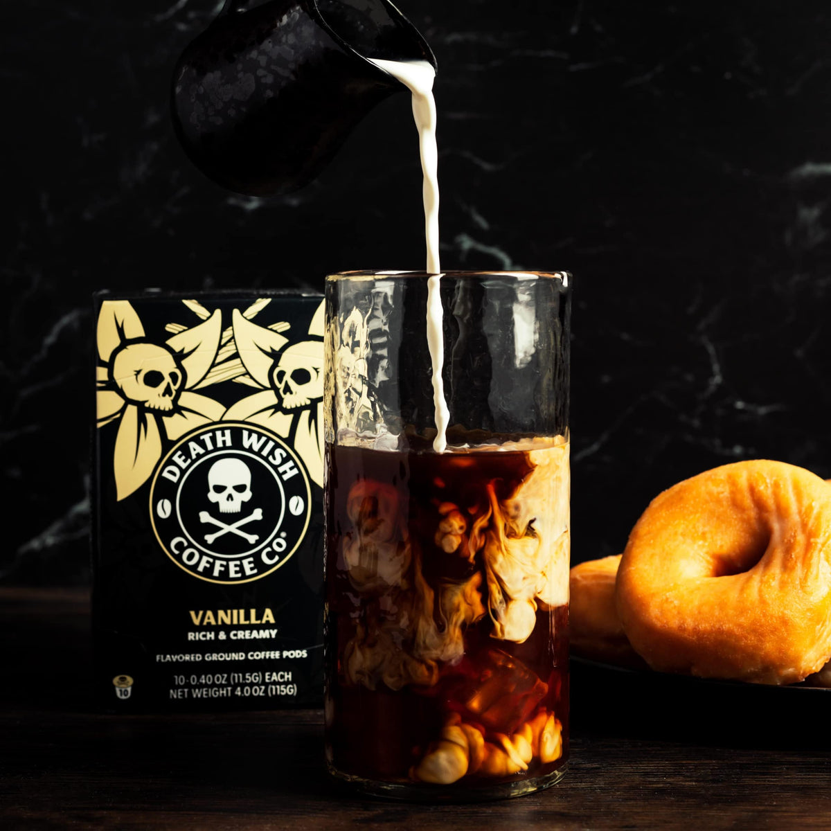 Death Wish Vanilla pod in a Keurig, ready for a bold brew.