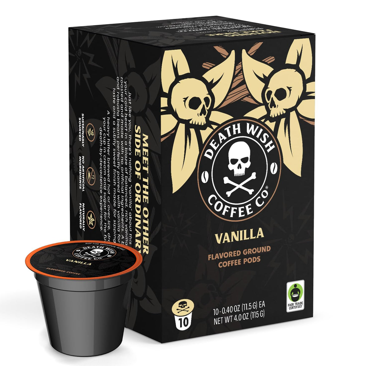 Death Wish Coffee Vanilla Pods 10-count box delivers bold aroma and balanced vanilla flavor.